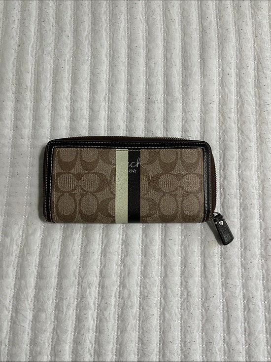 Coach Accessories - Coach Zip-Around Signature Canvas Wallet in Khaki and Cream Stripe